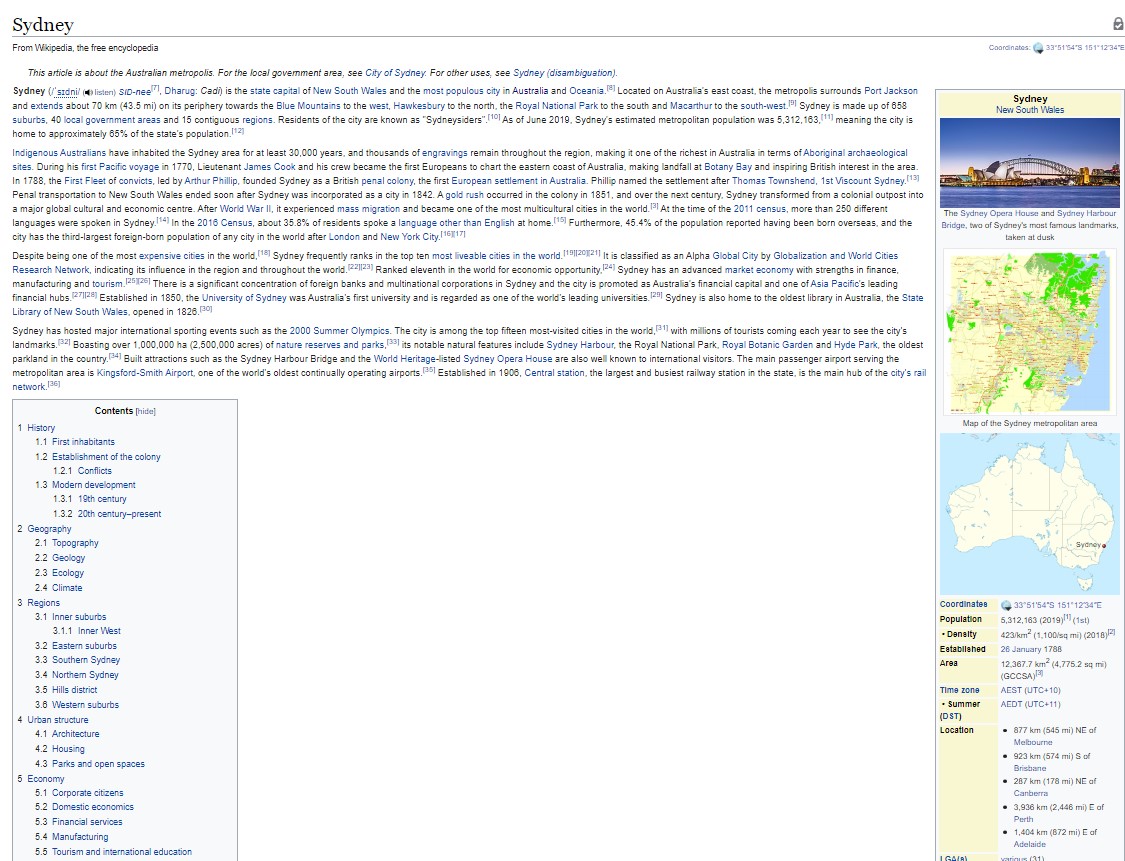 Sydney Wikipedia Page screenshot